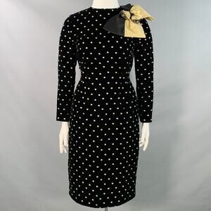AKRIS Size 14 Black Metallic Gold Velvet Polka Dot Long Sleeve Bow Midi Dress